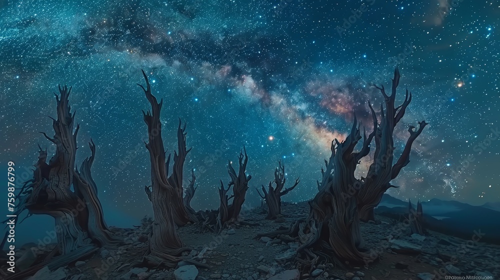 Fototapeta premium Stunning night sky view featuring ancient bristlecone pine trees silhouetted against the Milky Way galaxy.