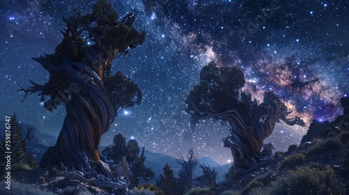 The ancient Bristlecone Pine trees stand majestically against a breathtaking Milky Way galaxy backdrop.