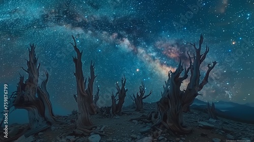 Stunning night sky view featuring ancient bristlecone pine trees silhouetted against the Milky Way galaxy.
