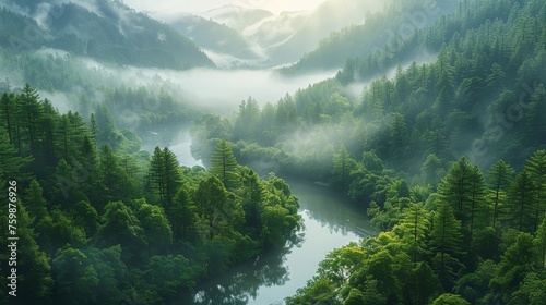 Morning mist lingers over a tranquil river winding through a dense, green forest in the heart of the mountains.