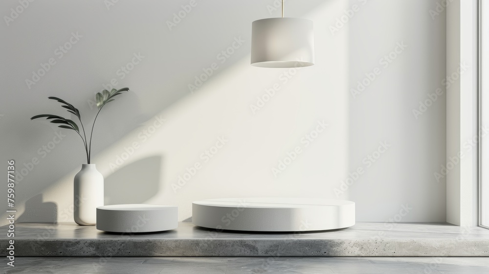 3d realistic modern podium product display (mainly white or grey background, lamp, 3d realistic modern podium product display (mainly white or grey background, lamp,