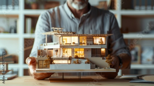 An architect holds a sophisticated model of a contemporary house, highlighting intricate designs and interior lighting.