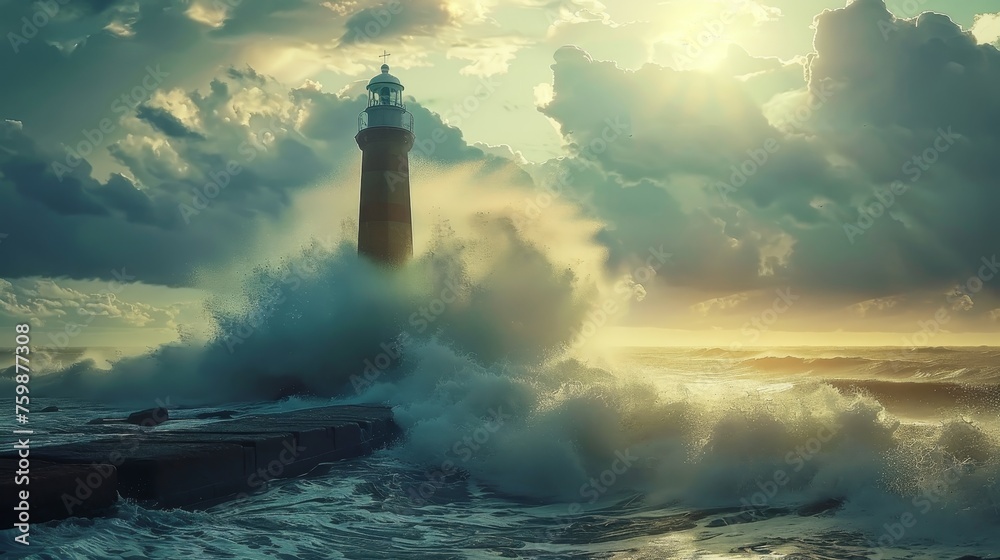 Dramatic scene of a lighthouse enduring the onslaught of waves during a storm, with rays of sunlight piercing through the clouds.