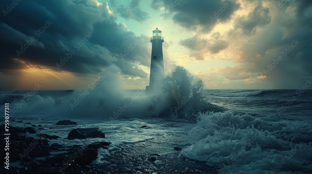 A lighthouse stands resilient as storm clouds gather and ocean waves crash against the rocks, with beams of sunlight breaking through.