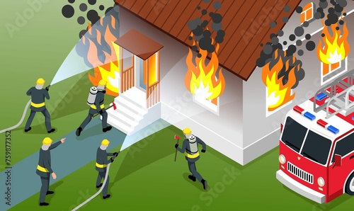 Isometric Firefighter Composition Firemen With Hoses Their Hands Run Around Put Out Fire Vector Illu