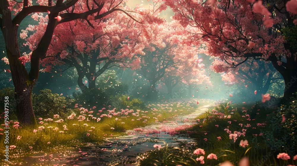 A dreamlike pathway meanders through a forest canopy of cherry blossoms, with petals dancing in the air, basking in a mystical springtime light.
