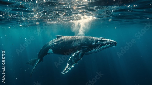 The gentle giants of the sea, a humpback whale glides through the crystal-clear blue ocean, with sunlight streaking through the water above. © Sodapeaw