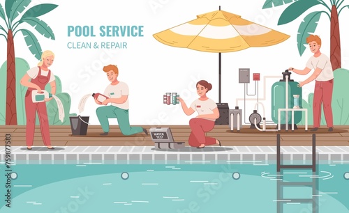 Pool Service Cartoon Background With Workers Uniform Cleaning Swimming Pool With Tools Chemicals Vec