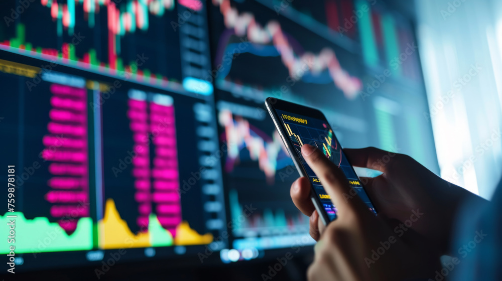 a person is holding a smartphone with stock market data on the screen, with a blurred background showing a computer monitor with financial graphs - obrazy, fototapety, plakaty 