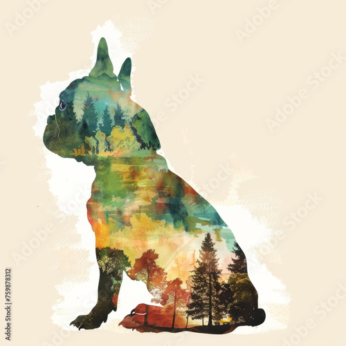 Double Exposure: Boston Terrier Silhouette and Park Scenery Watercolor Art Gen AI photo