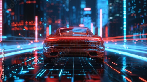 Futuristic Sports Car Speeding Through Cyberpunk City