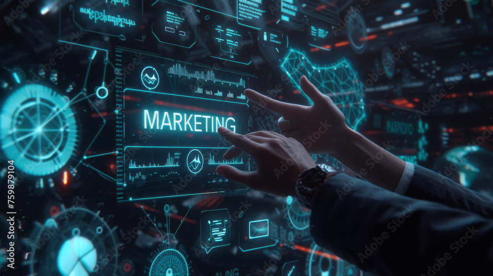person interacting with a futuristic marketing interface, possibly a holographic or augmented reality display person interacting with a futuristic marketing interface, possibly a holographic or augmented reality display