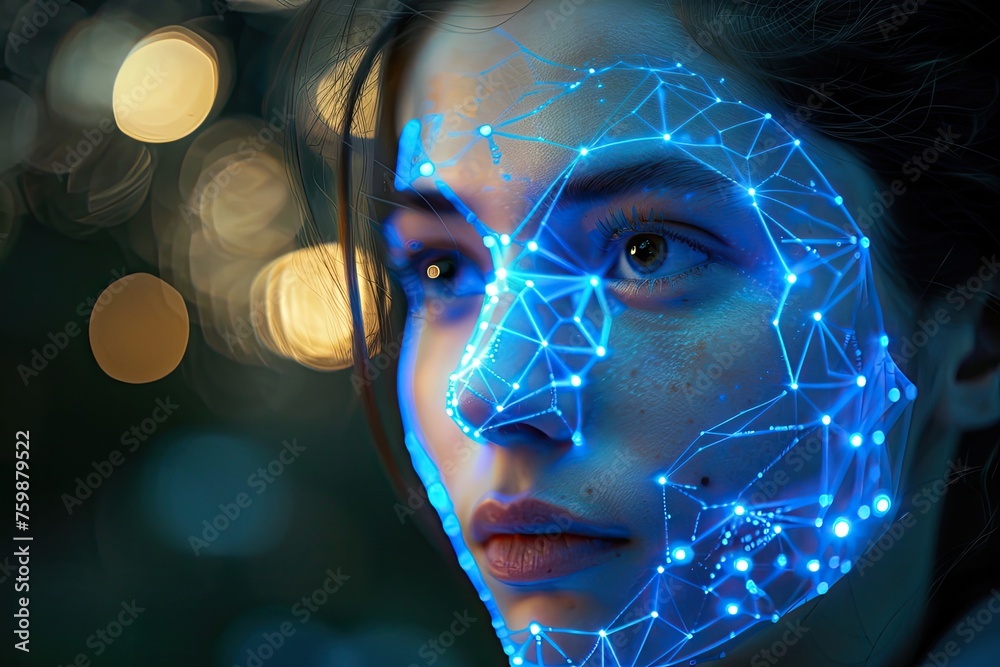 The face of a beautiful girl is illuminated by the rays of the video identification system. The face of a beautiful girl is illuminated by the rays of the video identification system.