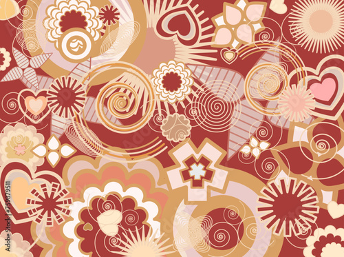 Colorful abstract seamless pattern with different geometric shapes against red background. Illustration made March 16th, 2024, Zurich, Switzerland.