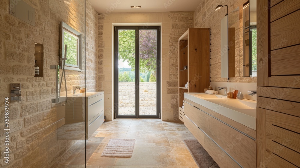 A modern bathroom in an old French farmhouse, with light oak furniture and pale stone tiles, along with large format floor tiles. A glass bathroom cabinet, natural lighting from above. A modern sink a