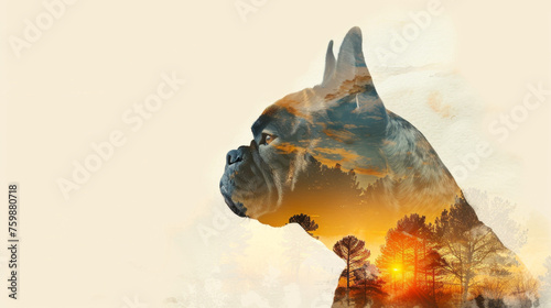 Double Exposure Bulldog Silhouette and Nature Park Gen AI
