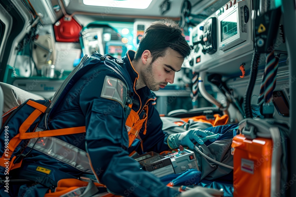A focused paramedic in uniform works on life-saving procedures within the well-equipped interior of an ambulance during a night shift. Generative AI A focused paramedic in uniform works on life-saving procedures within the well-equipped interior of an ambulance during a night shift. Generative AI