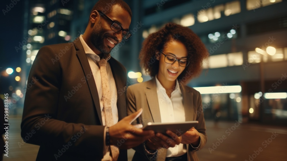 Happy Young Business People: A Black Man and a Woman talk, walk along the night, Evening Streets of the city, Use a tablet, plan a joint strategy for the project.