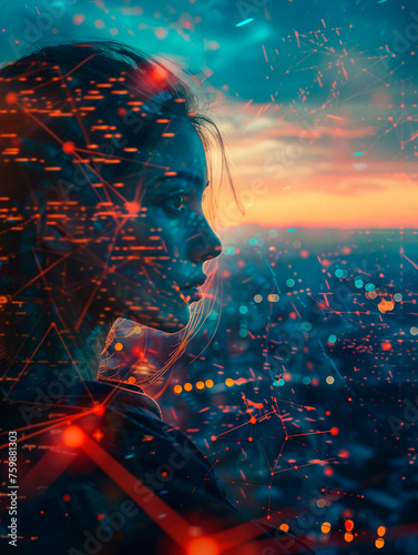 The layered composition hints at the coalescence of human emotion with advancing technology through a contemplative woman photo
