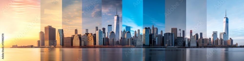 Fototapeta premium Skyline transformation, showcasing how the financial districts skyline changes during sunrise, midday, and sunset