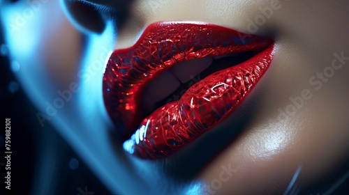 female lips extreme close up shot, red glowing radium lips made with diamond engraved, shining effect, highly detailed, intricate, 8k - generative ai photo