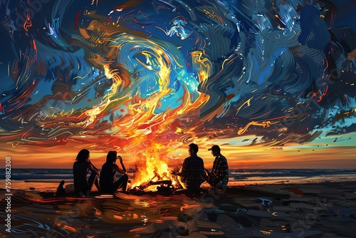 Silhouettes of friends sit by a colorful, swirling bonfire at the beach during twilight, reflecting on the sand. Generative AI