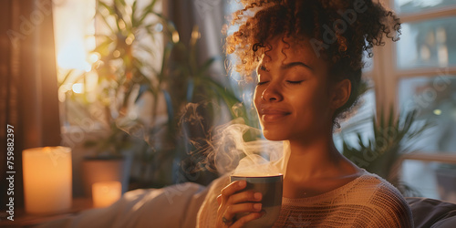a woman having a self care moment with aromatherapy and sounds holding a mug of tea