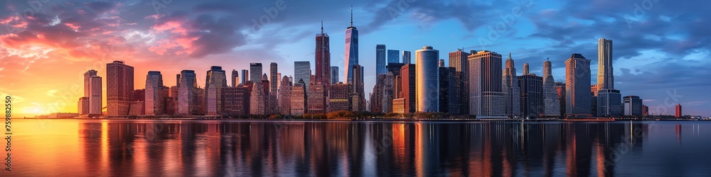 Fototapeta premium Skyline transformation, showcasing how the financial districts skyline changes during sunrise, midday, and sunset