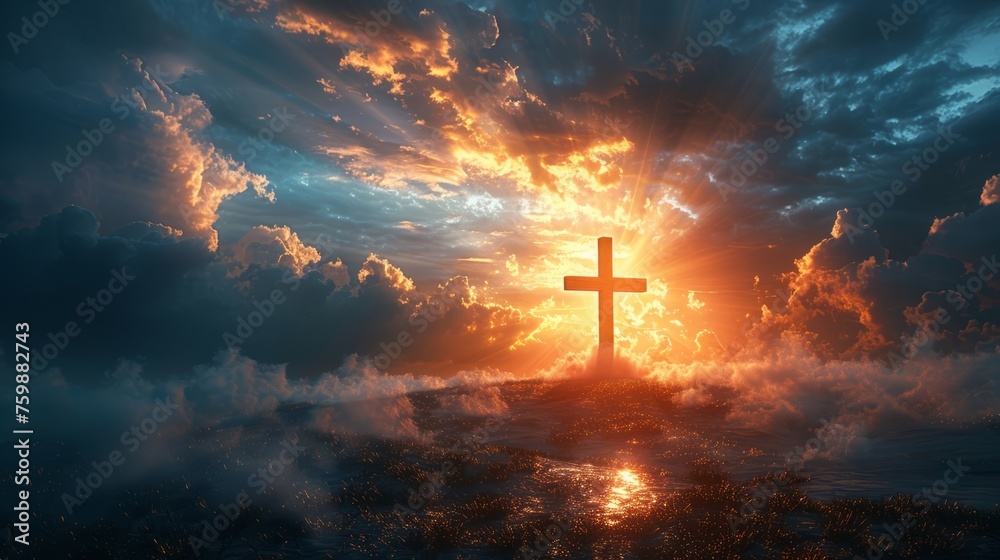 The light of Jesus in the clouds is combined with the cross, the holy Cross - obrazy, fototapety, plakaty 