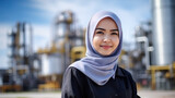 Portrait photo of beautiful malay hijab women engineer with petrochemical/oil and gas plant background.