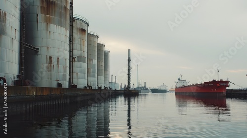 A large red cargo ship docked next to an industrial oil and gas tank storage complex. Stunning red cargo ship docked near oil and gas tanks.