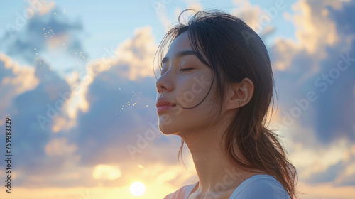 Woman Enjoying the Moment Meditating Deep Breathing Stress Relief Concept of Mental Health Wellness Wellbeing Blue Sky White Clouds Background 16:9