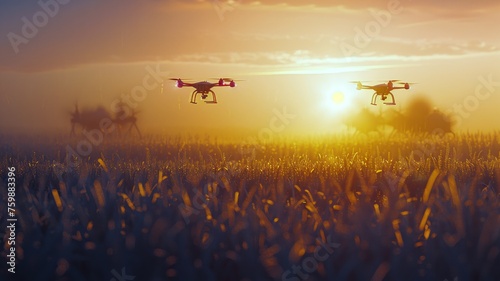 Agricultural drones at sunrise over golden crop fields for advanced farming