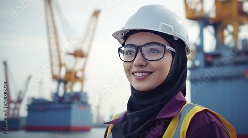 Portrait photo of beautiful smiling malay hijab engineer wearing safety helmet and safety glasses with petrochemical/oil and gas plant background.