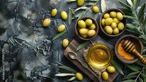 olive oil and fresh olives on marble background. top view, close-up