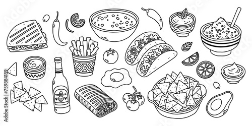 Trendy Mexican food line art black and white. Line art vector hand drawn doodle cartoon set of Mexican Food theme