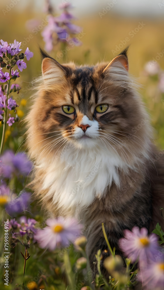 Kitten surrounded by vibrant flowers in a garden