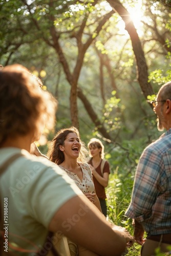 Group of friends sharing heartfelt laughter in a lush forest, encapsulating the essence of Hopecore and care for the planet's future © Breezze