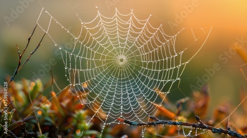 Glistening Spider Web With Water Droplets