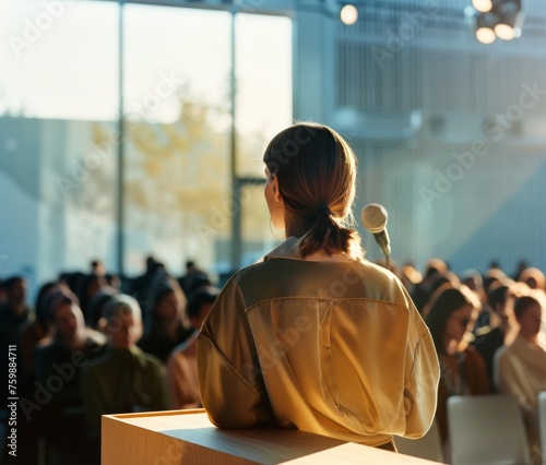 Back view of a speaker at a conference, connecting with the audience on themes of hope and progress