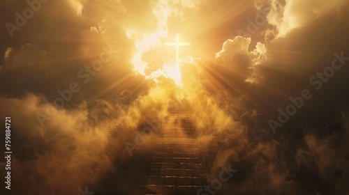 with the Christian cross,Stairway to heaven in heavenly concept. Religion background. Stairway to paradise in a spiritual concept. Stairway to light in spiritual fantasy. Path to the sky and cloud