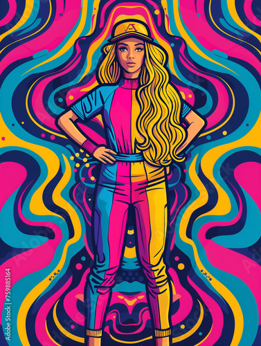 Bright poster with a hallucinogenic background. Girl in a tracksuit. Retro poster. Pop art style.