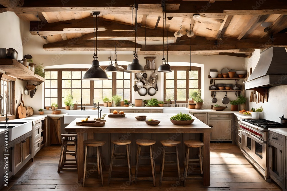 A rustic kitchen with exposed wooden beams, hanging pots, and pans. A farmhouse sink sits beneath a window, allowing natural light to fill the space.