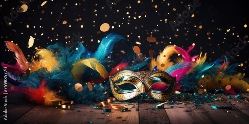 Golden Masquerade: A Mysterious Carnival Celebration with Colorful Masks and Elegant Costumes on a Venetian Background.