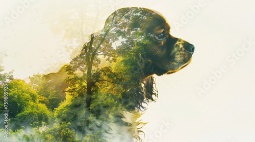 Double Exposure of Cavalier King Charles Spaniel Silhouette and Watercolor Park Gen AI