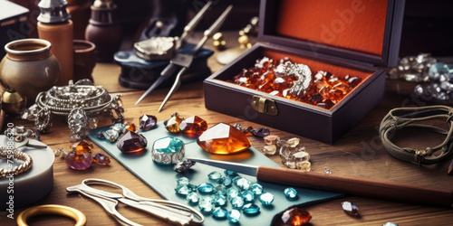 Shiny Treasures: A Luxurious Collection of Precious Jewelry in an Old Wooden Chest, Rich in Vintage Elegance, on a White Background