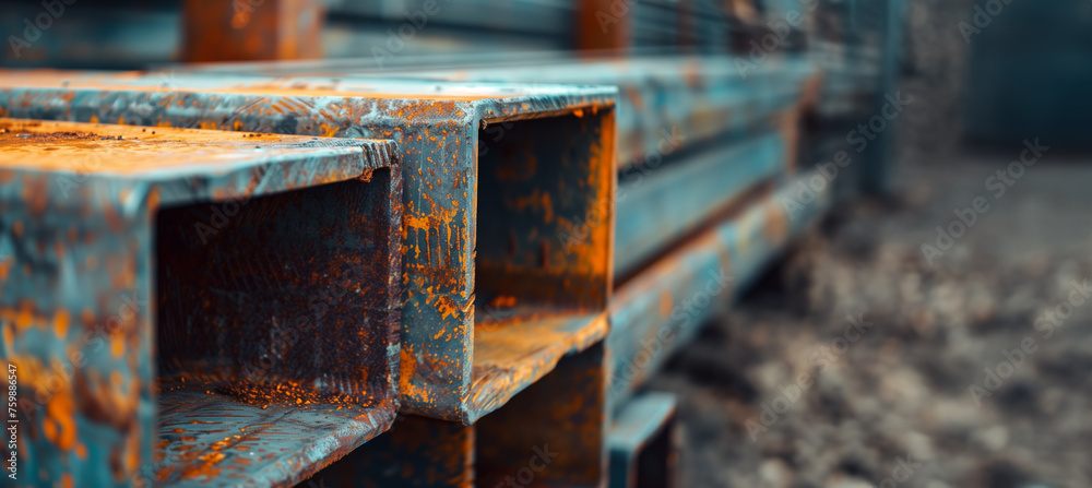 close up of rusty steel beams in a construction yard with copy space close up of rusty steel beams in a construction yard with copy space