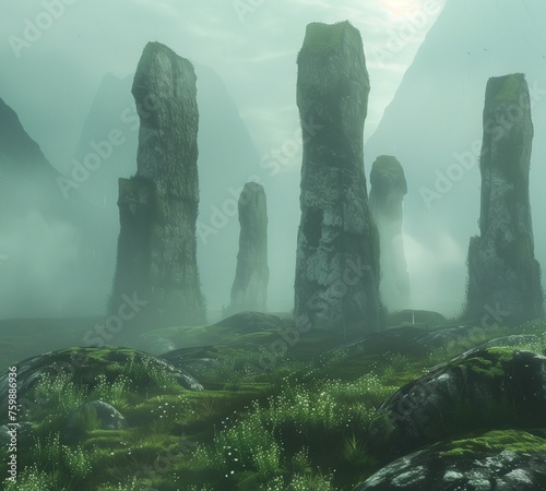 At the edge of a misty moor, ancient standing stones rise from the earth like sentinels of a forgotten time. Wisps of fog curl around their weathered surfaces