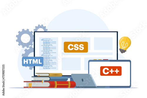 Web development or programming language concept. css, html, it, ui. Cartoon character programmer developing website, coding. flat vector illustration on white background.