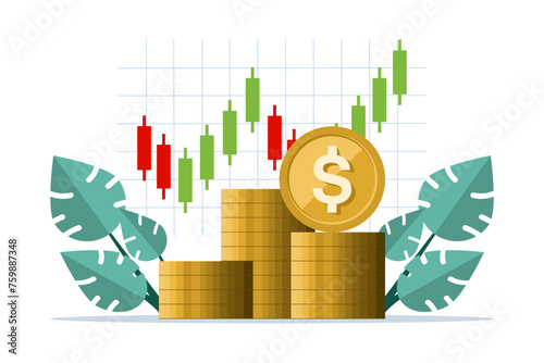 Stock market trader concept, technical analysis to buy and sell shares for profit, investment or wealth management, following trends, dollar coins with charts and graphs. flat vector illustration.